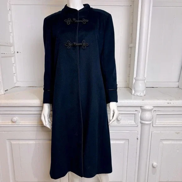 vintage: 60s 70s Navy Blue Wool Coat w Rope Closures - Picture 1 of 7